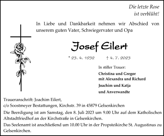 Traueranzeige von Josef Eilert von Tageszeitung