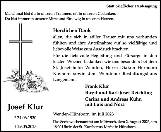 Traueranzeige von Josef Kur von Tageszeitung
