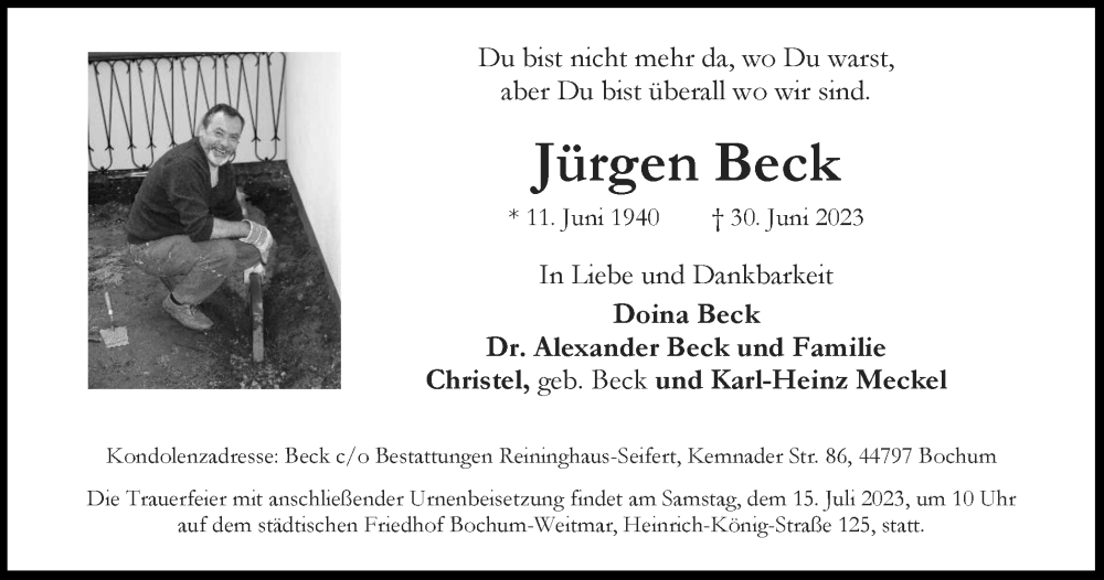 Traueranzeigen von Jürgen Beck TrauerinNRW.de