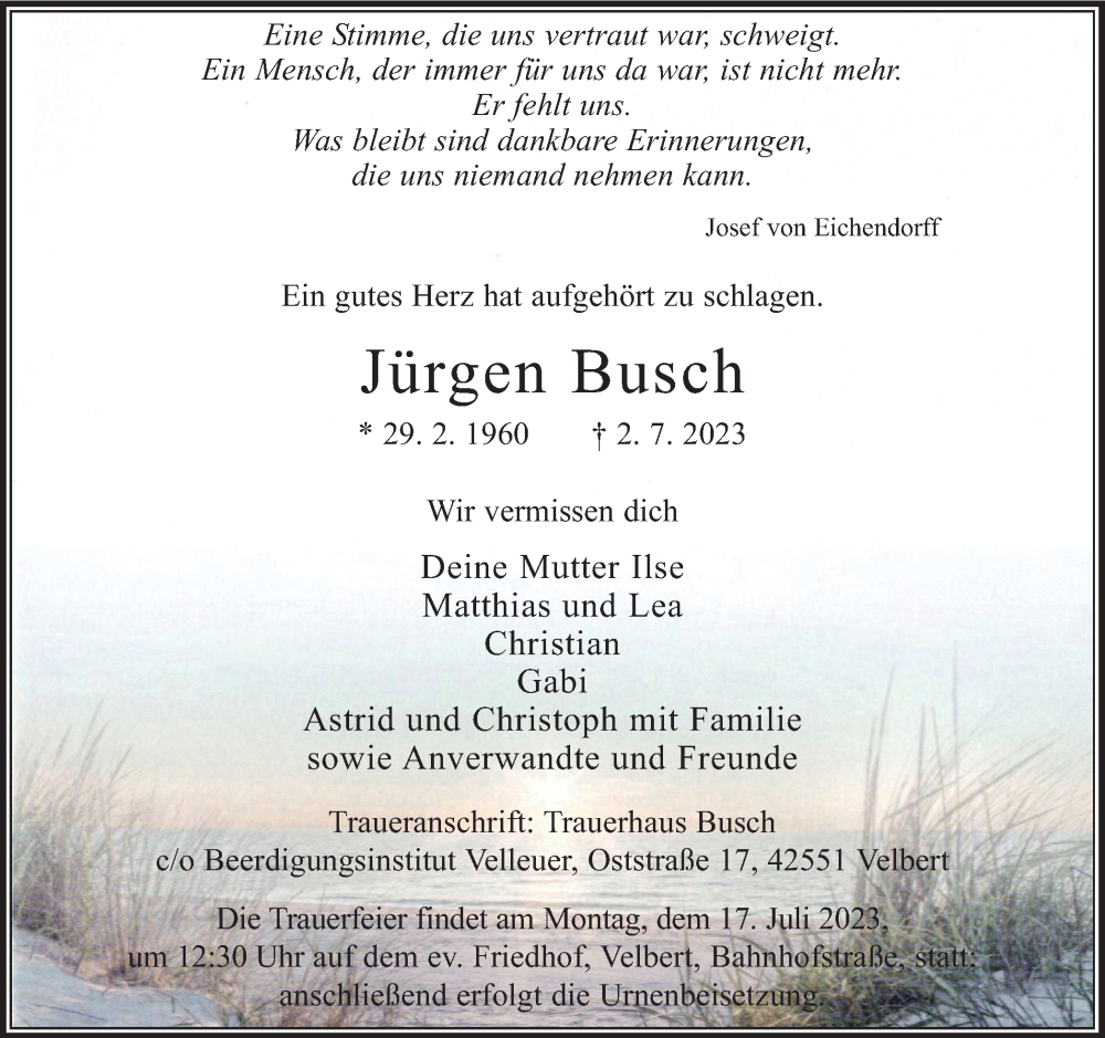 Traueranzeige für Jürgen Busch vom 15.07.2023 aus Tageszeitung