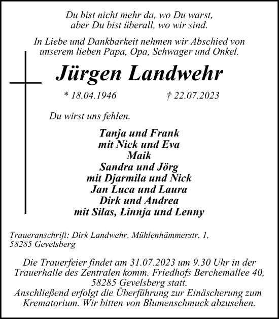 Traueranzeige von Jürgen Landwehr von Tageszeitung