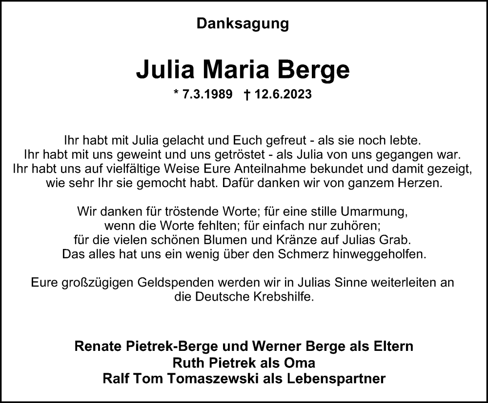  Traueranzeige für Julia Maria Berge vom 22.07.2023 aus Tageszeitung