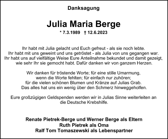 Traueranzeige von Julia Maria Berge von Tageszeitung