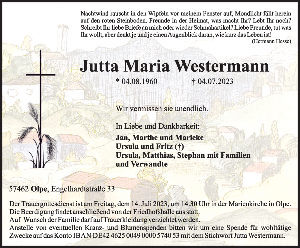  Traueranzeige für Jutta Maria Westermann vom 08.07.2023 aus Tageszeitung