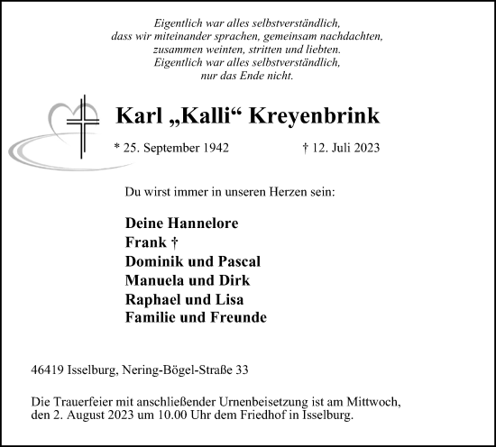 Traueranzeige von Karl Kreyenbrink von Tageszeitung