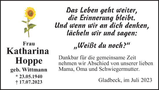 Traueranzeige von Katharina Hoppe von Tageszeitung