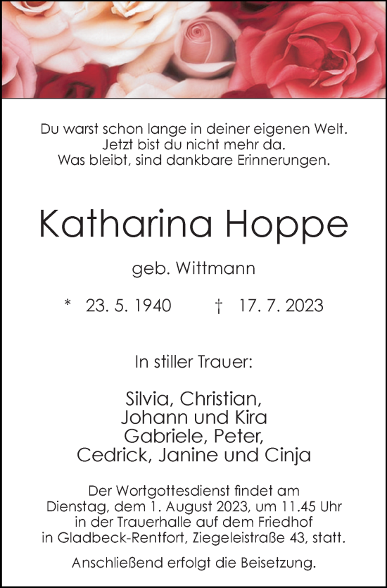 Traueranzeige von Katharina Hoppe von Tageszeitung