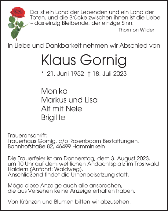 Traueranzeige von Klaus Gornig von Tageszeitung