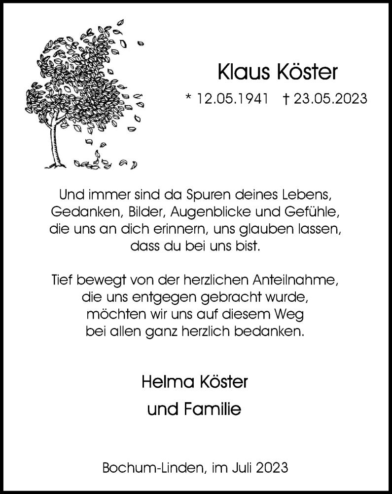  Traueranzeige für Klaus Köster vom 15.07.2023 aus Tageszeitung