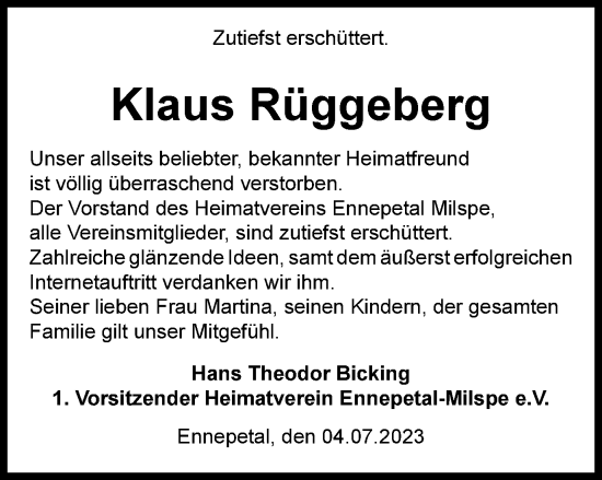 Traueranzeige von Klaus Rüggeberg von Tageszeitung