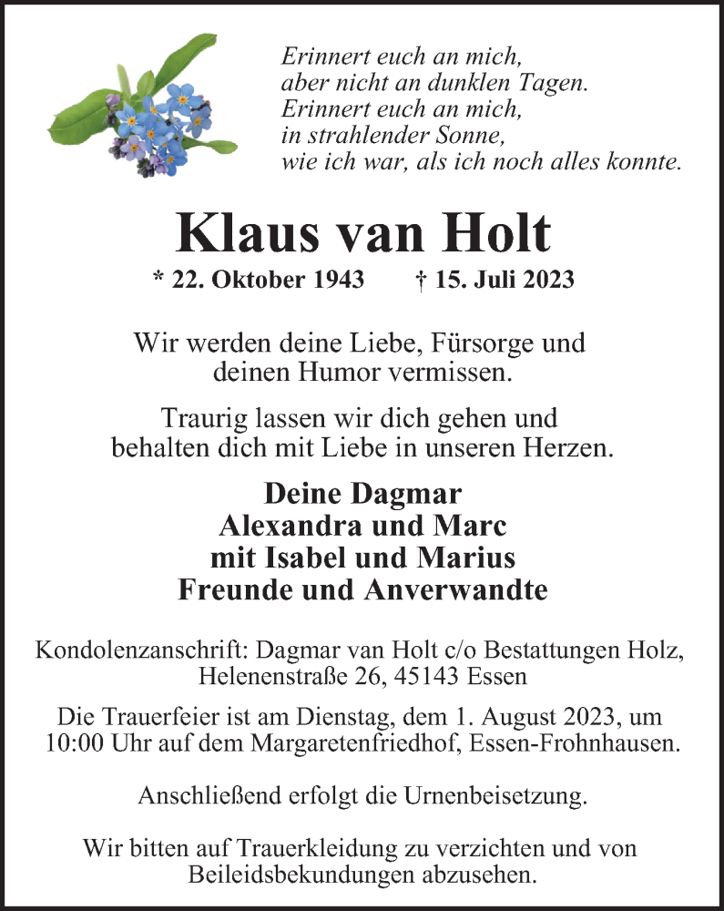  Traueranzeige für Klaus van Holt vom 29.07.2023 aus Tageszeitung