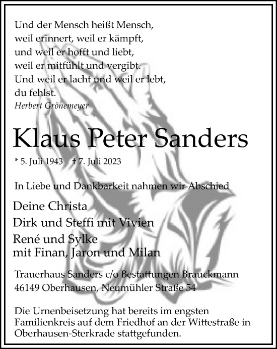 Traueranzeige von Klaus Peter Sanders von Tageszeitung
