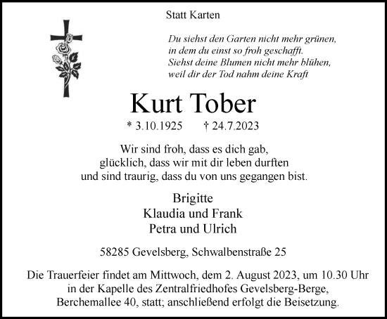 Traueranzeige von Kurt Tober von Tageszeitung