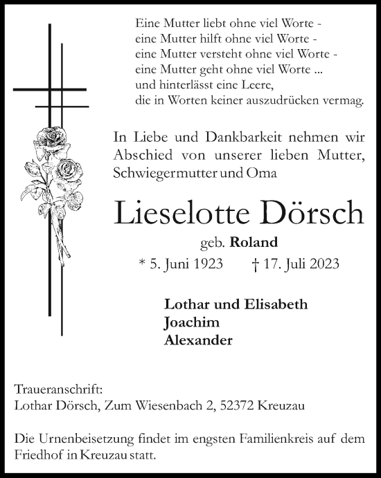 Traueranzeige von Lieselotte Dörsch von Tageszeitung