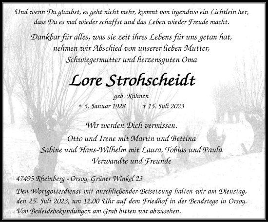 Traueranzeige von Lore Strohscheidt von Tageszeitung