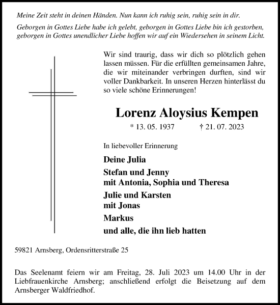Traueranzeige von Lorenz Aloysius Kempen von Tageszeitung