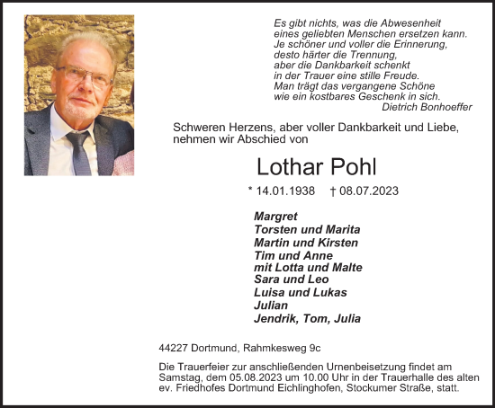 Traueranzeige von Lothar Pohl von Tageszeitung