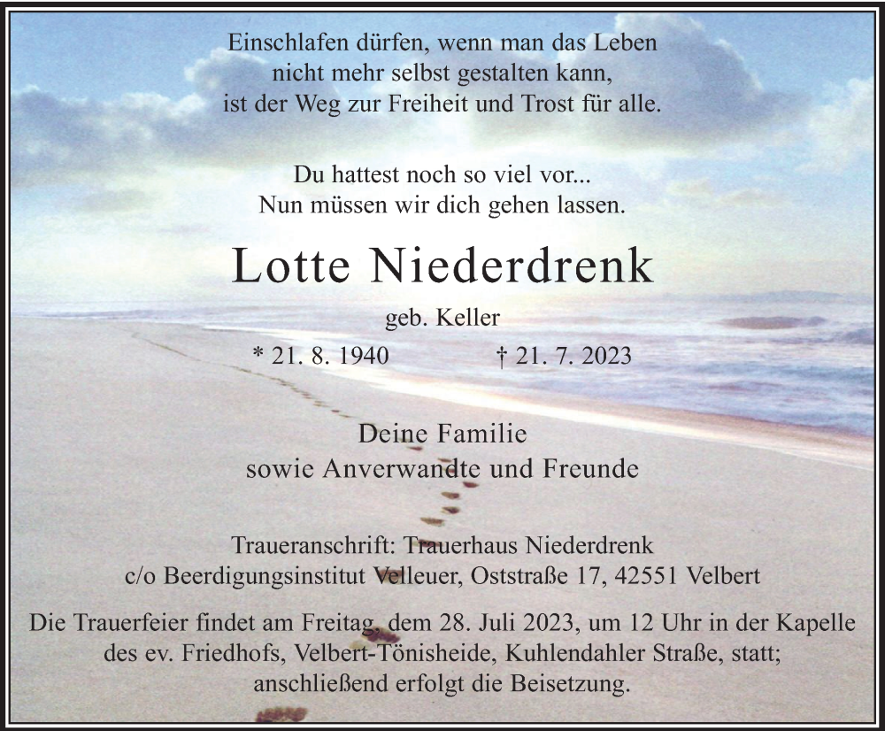  Traueranzeige für Lotte Niederdrenk vom 27.07.2023 aus Tageszeitung