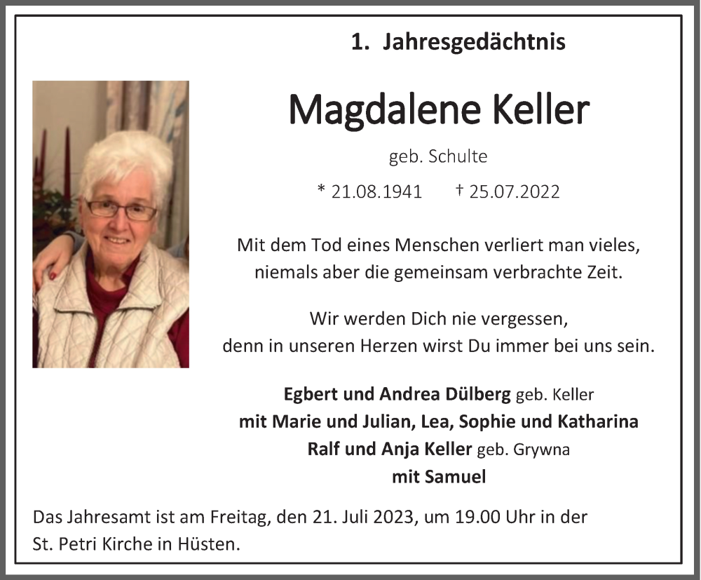  Traueranzeige für Magdalene Keller vom 15.07.2023 aus Tageszeitung