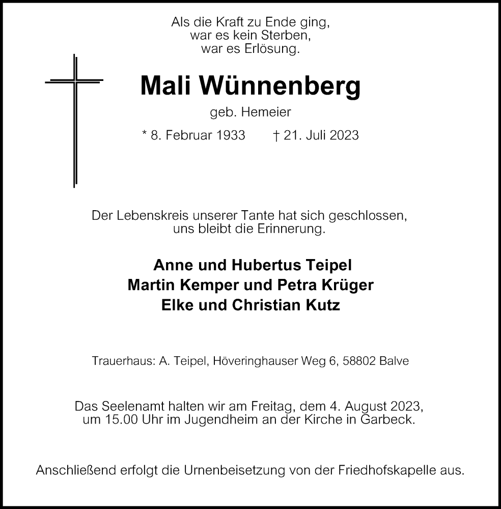  Traueranzeige für Mali Wünnenberg vom 29.07.2023 aus Tageszeitung