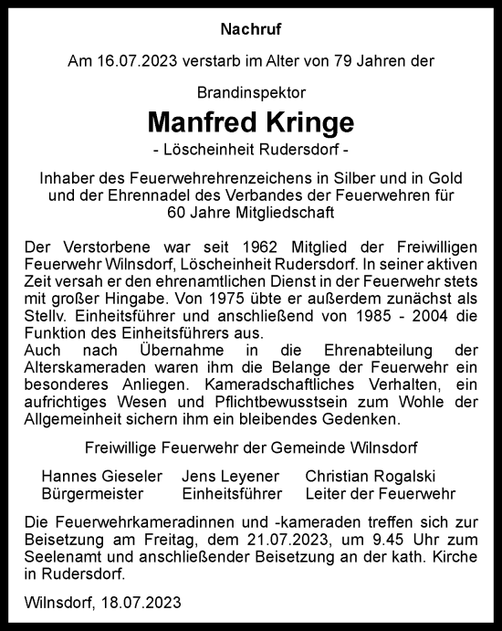 Traueranzeige von Manfred Kringe von Tageszeitung