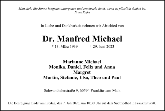 Traueranzeige von Manfred Michael von Tageszeitung
