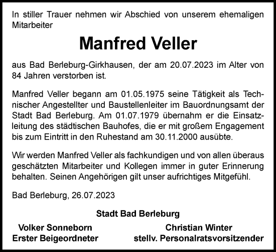 Traueranzeige von Manfred Veller von Tageszeitung