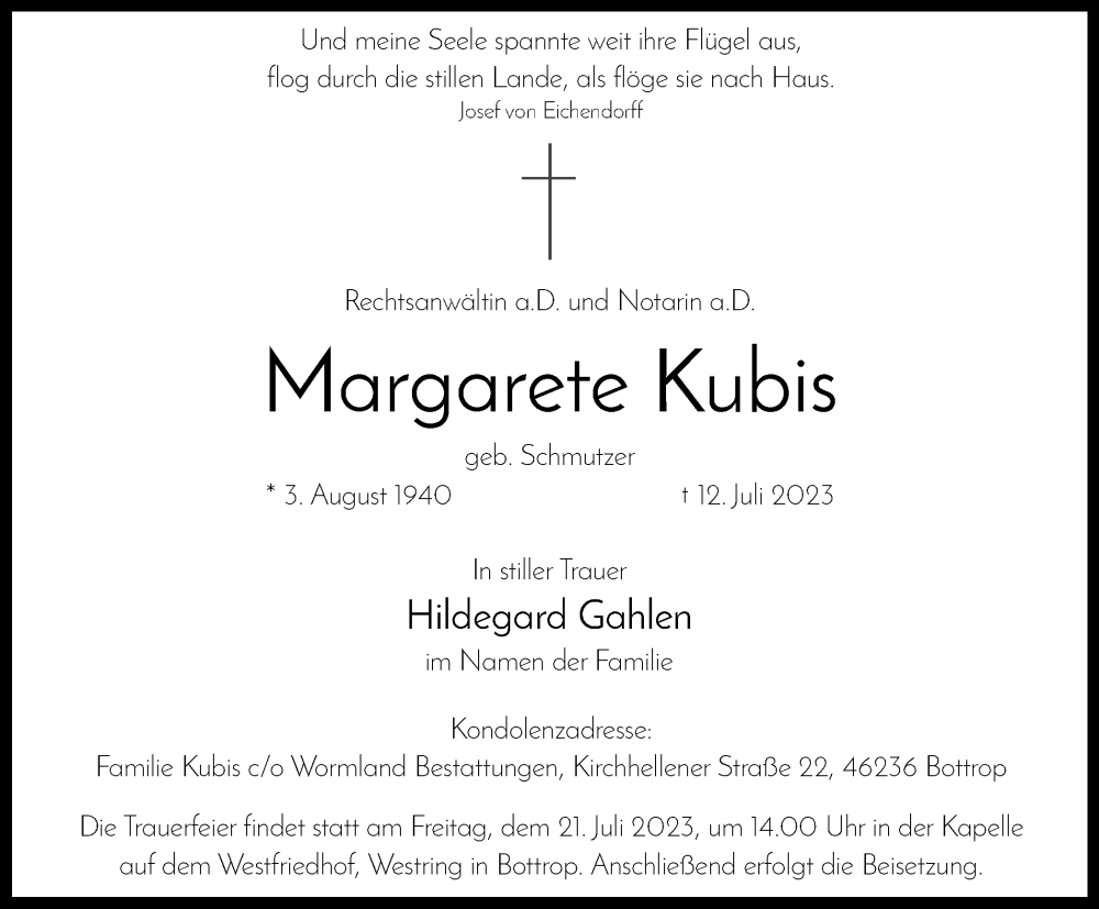  Traueranzeige für Margarete Kubis vom 19.07.2023 aus Tageszeitung