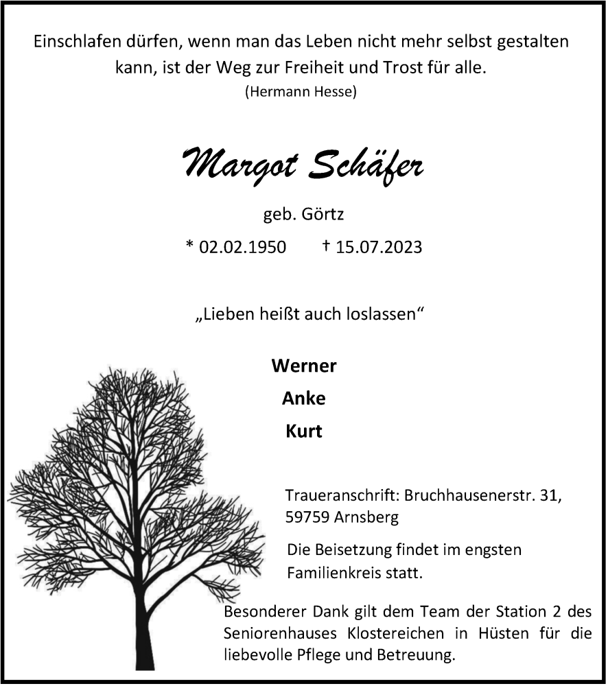  Traueranzeige für Margot Schäfer vom 22.07.2023 aus Tageszeitung