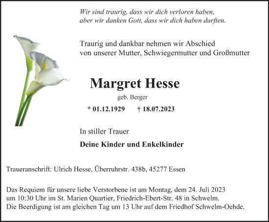 Traueranzeige von Margret Hesse von Tageszeitung