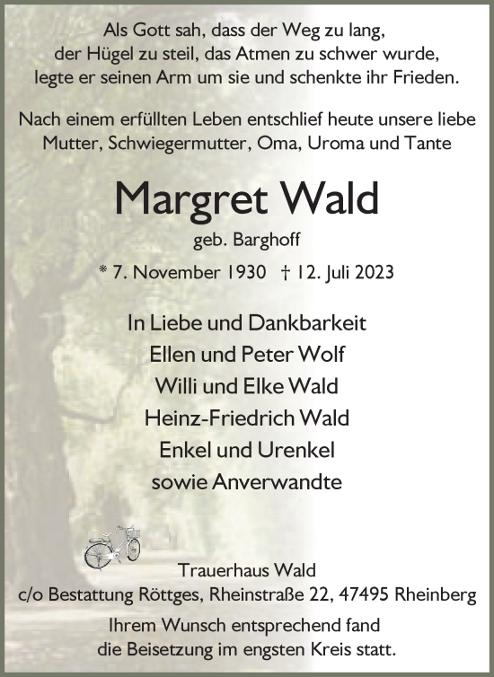 Traueranzeige von Margret Wald von Tageszeitung