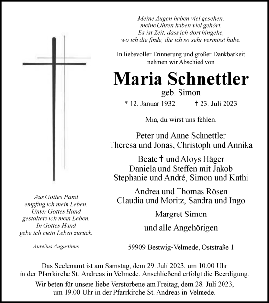 Traueranzeige von Maria Schnettler von Tageszeitung