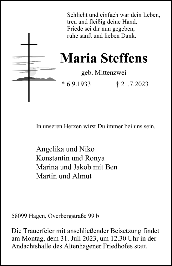 Traueranzeige von Maria Steffens von Tageszeitung