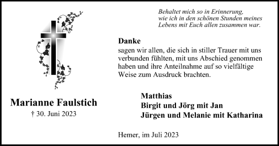 Traueranzeige von Marianne Faulstich von Tageszeitung