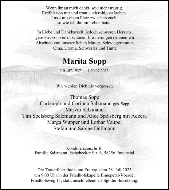 Traueranzeige von Marita Sopp von Tageszeitung