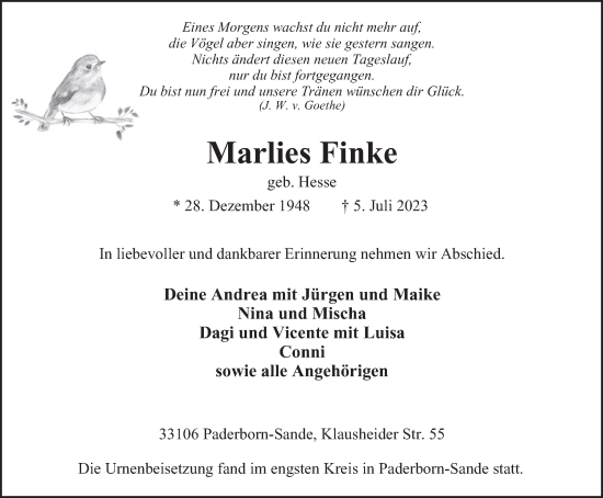 Traueranzeige von Marlies Finke von Tageszeitung