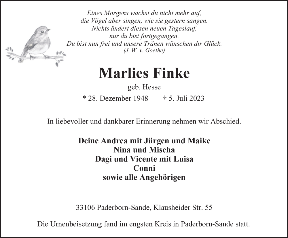  Traueranzeige für Marlies Finke vom 15.07.2023 aus Tageszeitung
