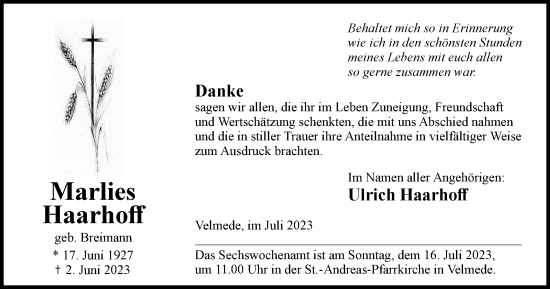 Traueranzeige von Marlies Haarhoff von Tageszeitung