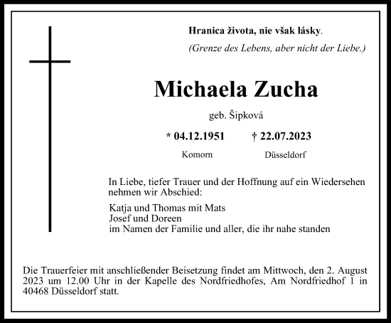 Traueranzeige von Michaela Zucha von Tageszeitung