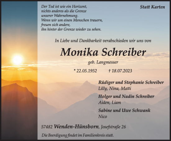 Traueranzeige von Monika Schreiber von Tageszeitung