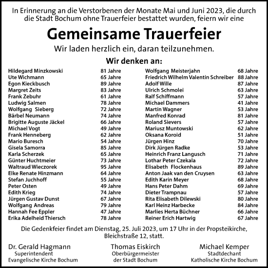 Traueranzeige von Nachruf Stadt Bochum von Tageszeitung