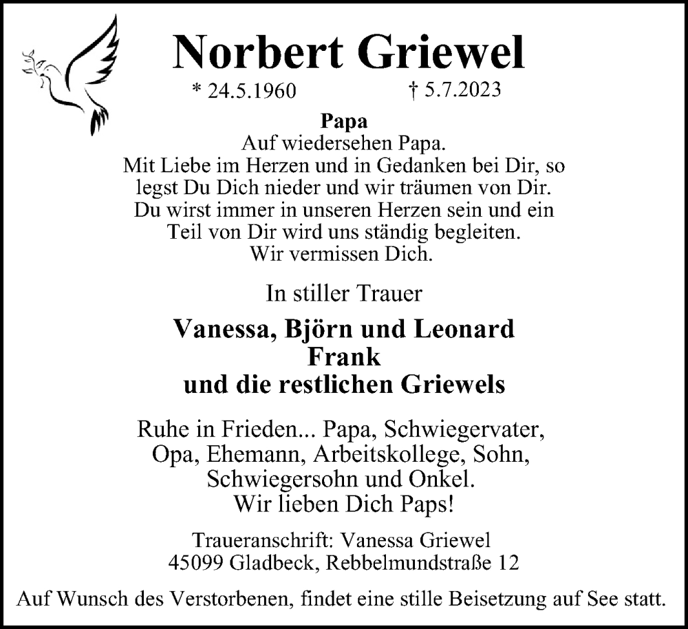  Traueranzeige für Norbert Griewel vom 22.07.2023 aus Tageszeitung