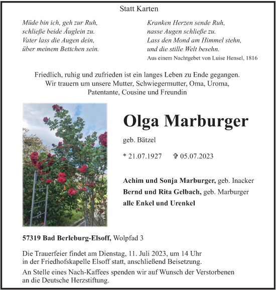 Traueranzeige von Olga Marburger von Tageszeitung