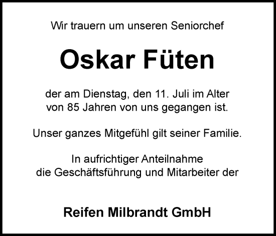Traueranzeige von Oskar Füten von Tageszeitung