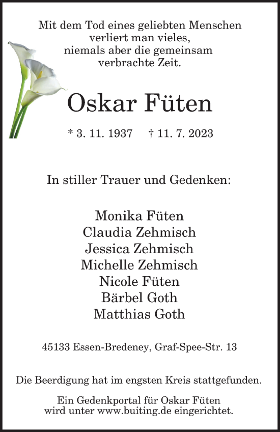 Traueranzeige von Oskar Füten von Tageszeitung