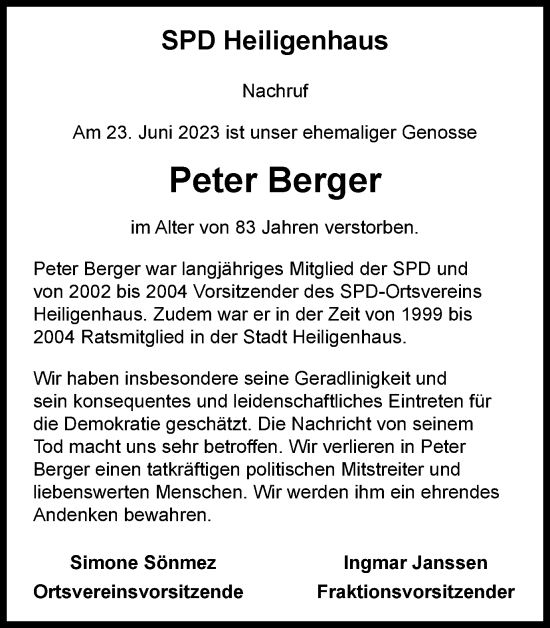 Traueranzeige von Peter Berger von Tageszeitung