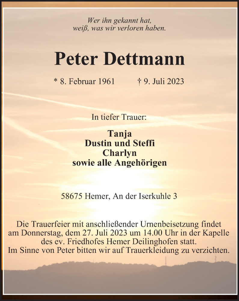  Traueranzeige für Peter Dettmann vom 15.07.2023 aus Tageszeitung