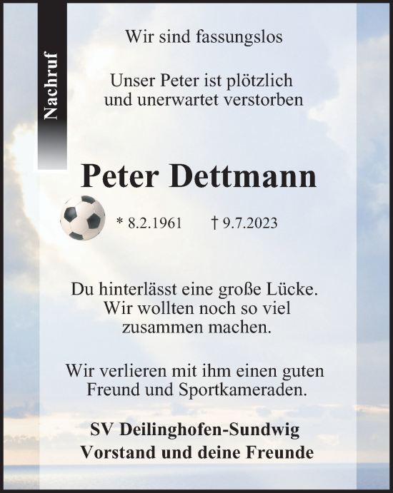 Traueranzeige von Peter Dettmann von Tageszeitung