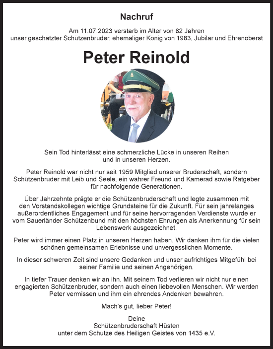 Traueranzeige von Peter Reinold von Tageszeitung
