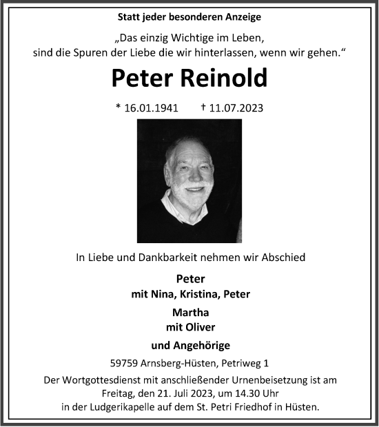 Traueranzeige von Peter Reinold von Tageszeitung